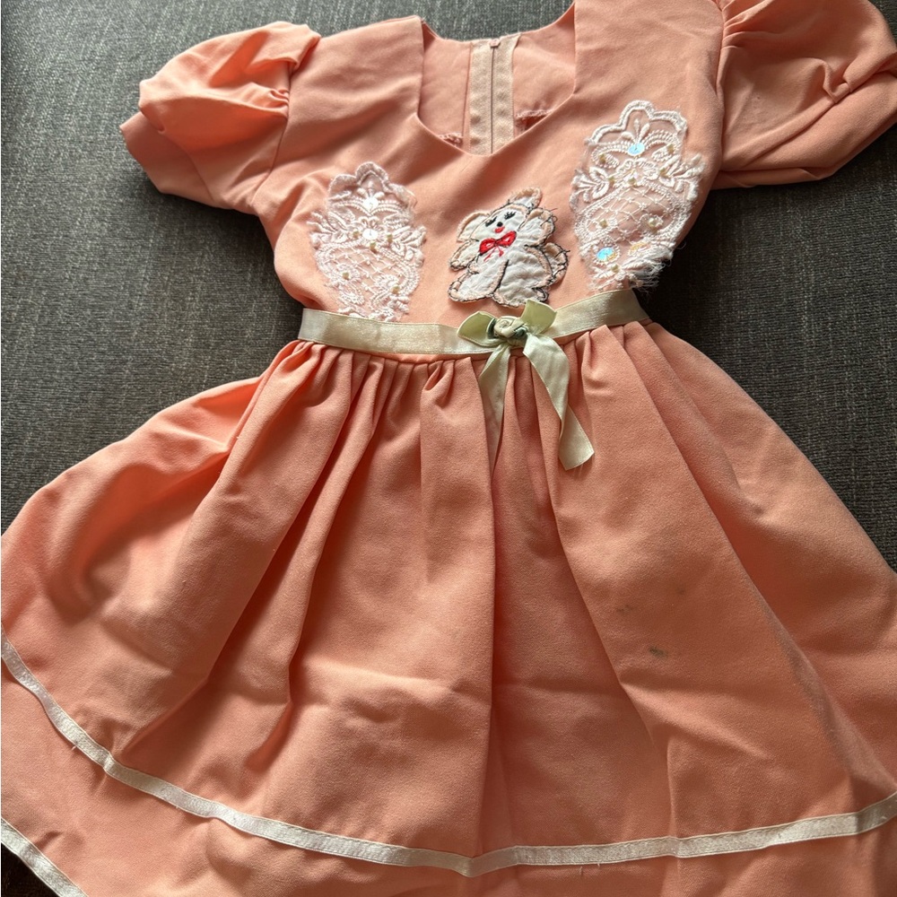 Handmade peach 2T dress with a bear on the front of the dress